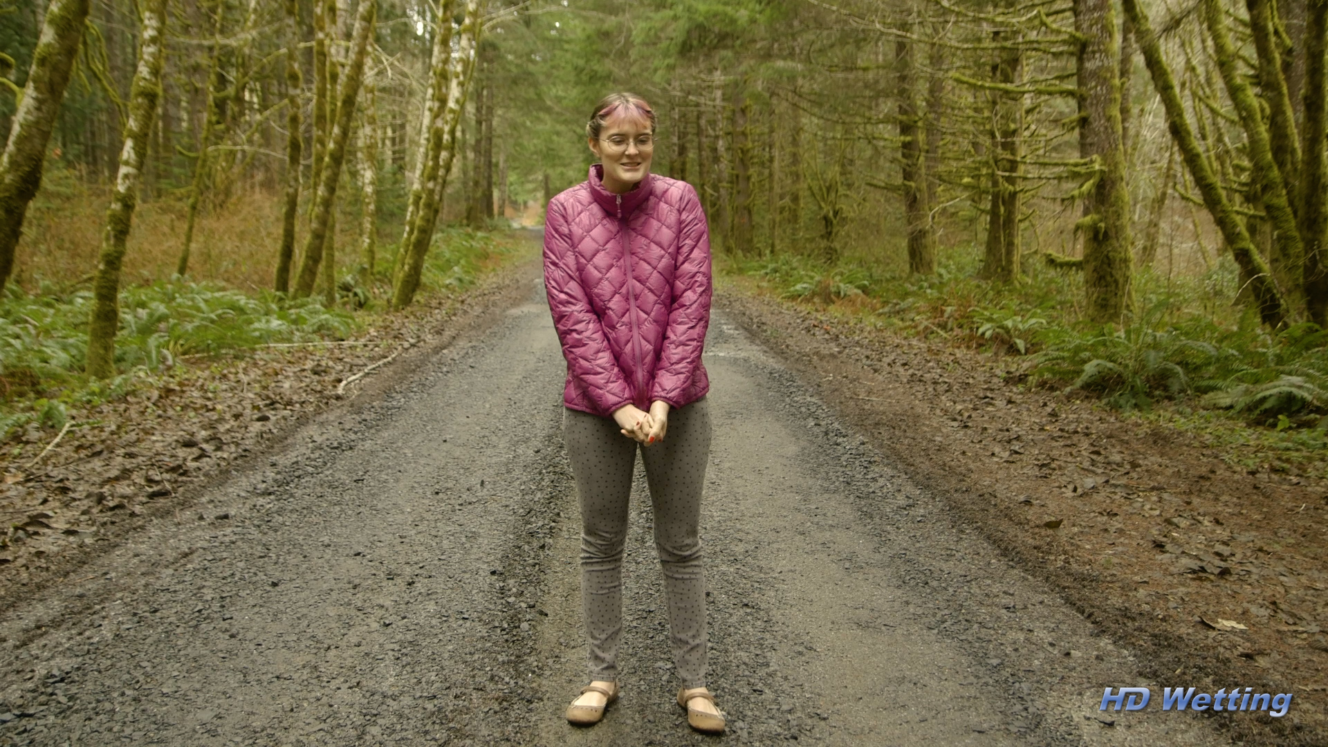 warming-1 Sosha standing on a forest road on a cold day