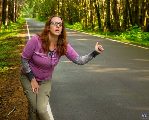 Alisha is desperate to pee while hitchhiking