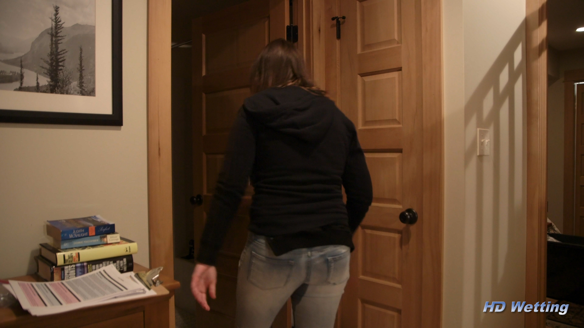 bathroom-10 Still wearing her wet jeans, Alisha heads into the bathroom to clean up