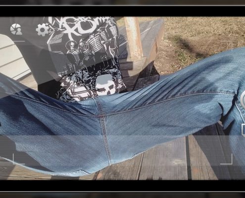 A close up of Sosha wearing the jeans she just peed in.