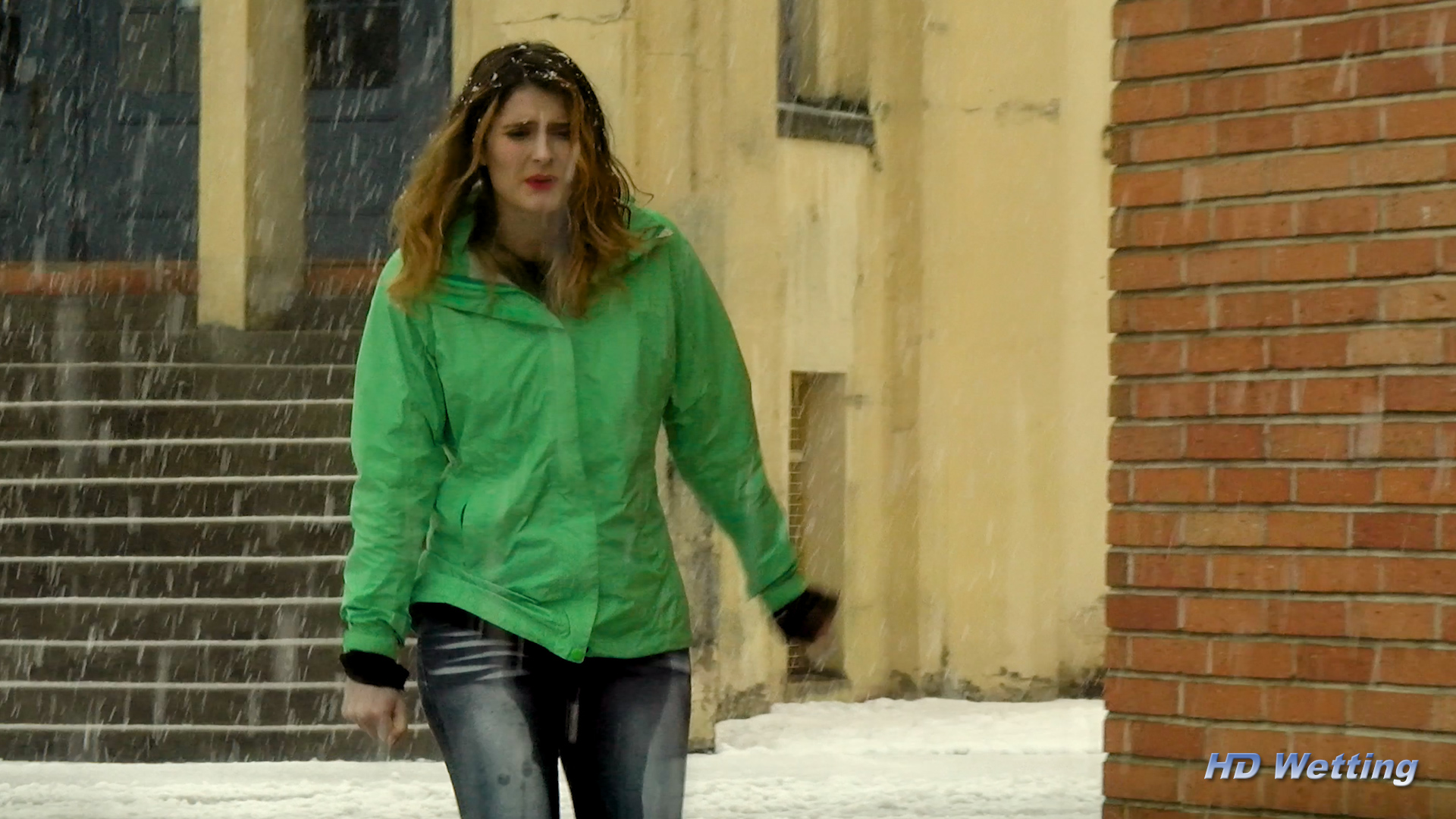 snow-10 Humiliated, Sosha crosses the street in her wet jeans.