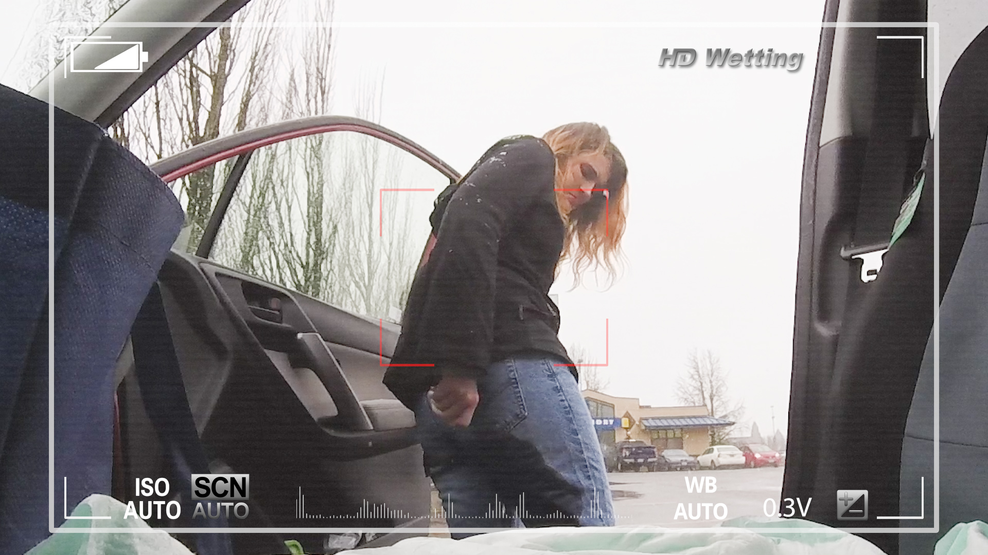 car-4 Sosha pees her pants as she gets out of the car.