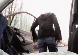 Sosha pees in her jeans as she gets out of the car.