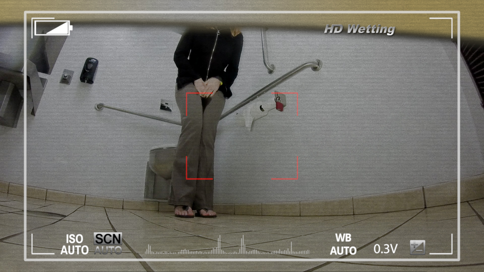 voyeur-2 A desperate woman enters the bathroom, already starting to wet her pants.