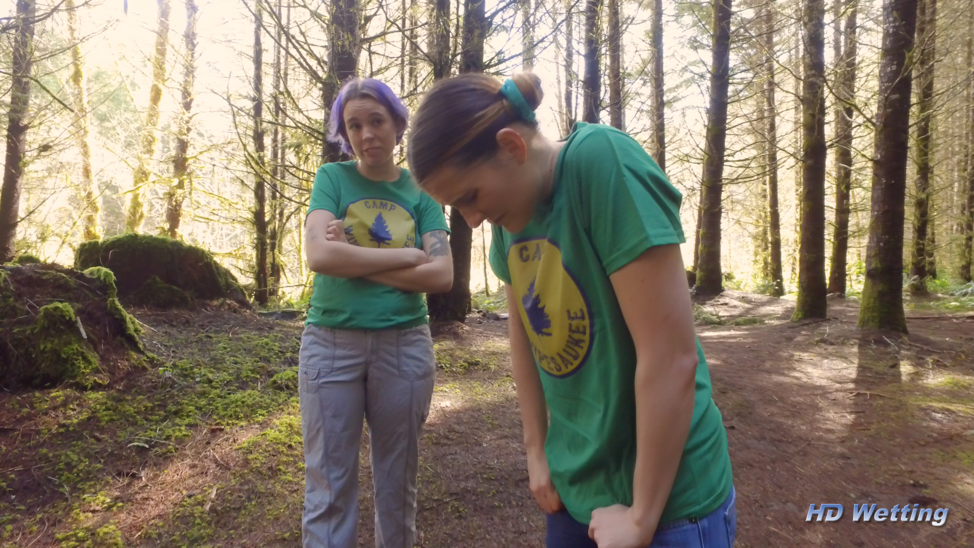 camp-7 Olivia teases Sosha as she watches her pee in her pants.